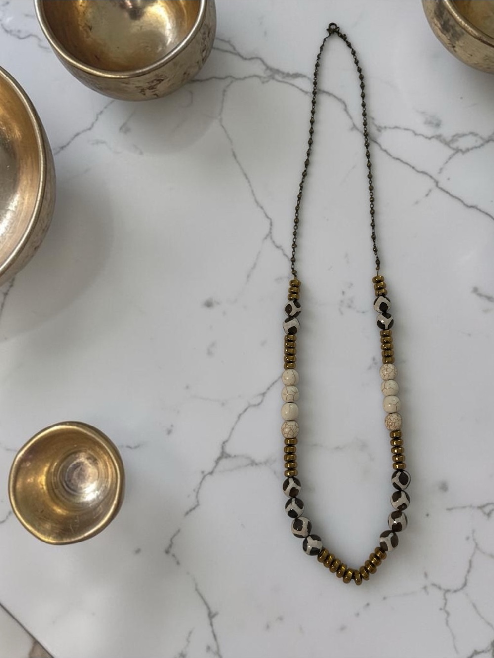 Boho Beaded Brass-Tone and Cream Necklace
